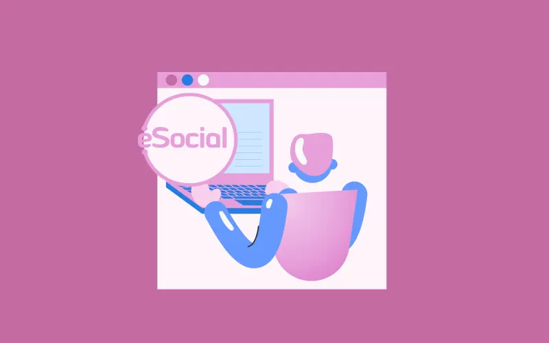 Ilustração de boneco em frente ao computador com a palavra "eSocial".