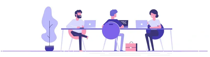 Desenho de três pessoas trabalhando na mesa com computadores