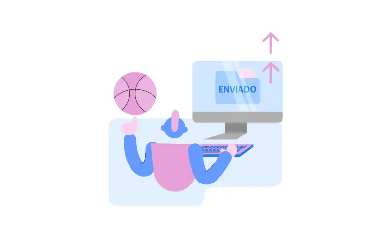 Ilustração de boneco girando uma bola de basquete na frente do computador.