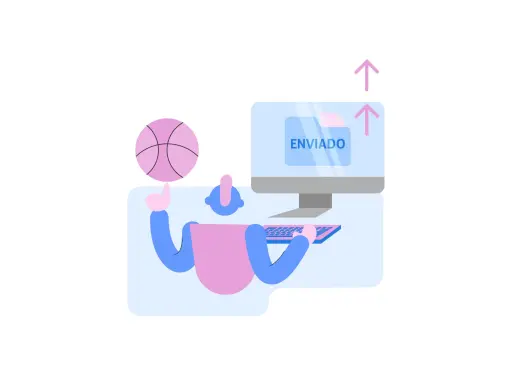 Ilustração de boneco girando uma bola de basquete na frente do computador.