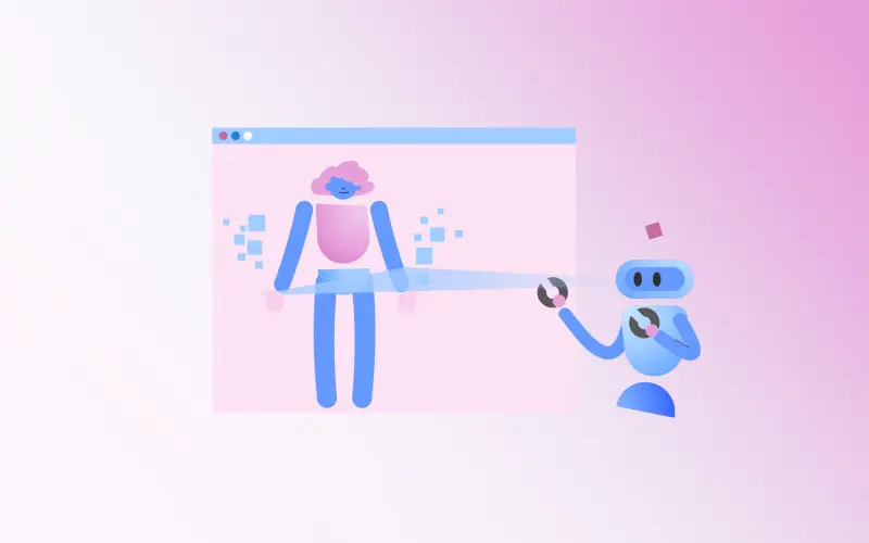 Ilustração de robô e de uma pessoas sendo analisada.