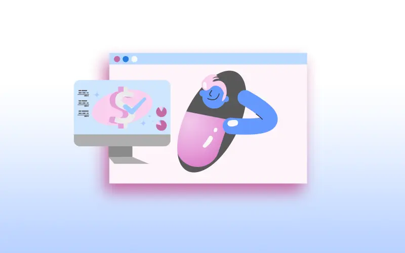 Ilustração de boneco ao lado do computador com um cifrão na tela.