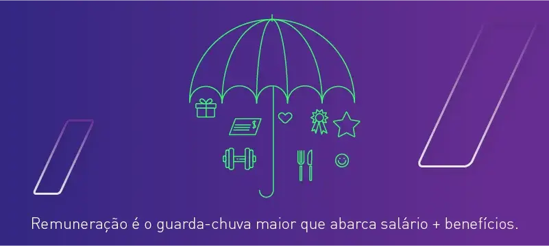 Ilustração de guarda-chuva com figuras em baixo.