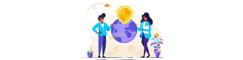 Ilustração de duas pessoas segurando um globo com um símbolo de segurança