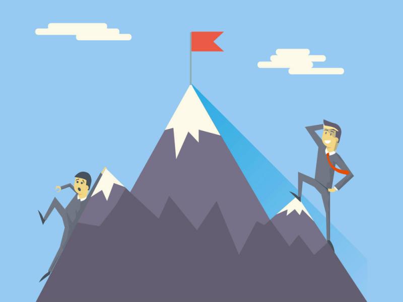 Ilustração de um homem subindo uma montanha, quase no topo, representando o crescimento de carreira