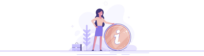 Plano de Cargos e Salários: o que é. Ilustração de mulher segurando moeda gigante com a letra i no meio.